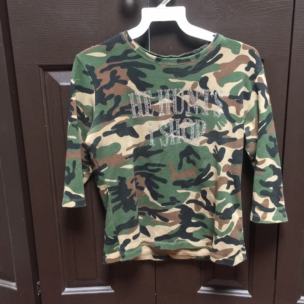 Hunters Wife Top! Camo 3/4 Sleeve Rhinestone Top